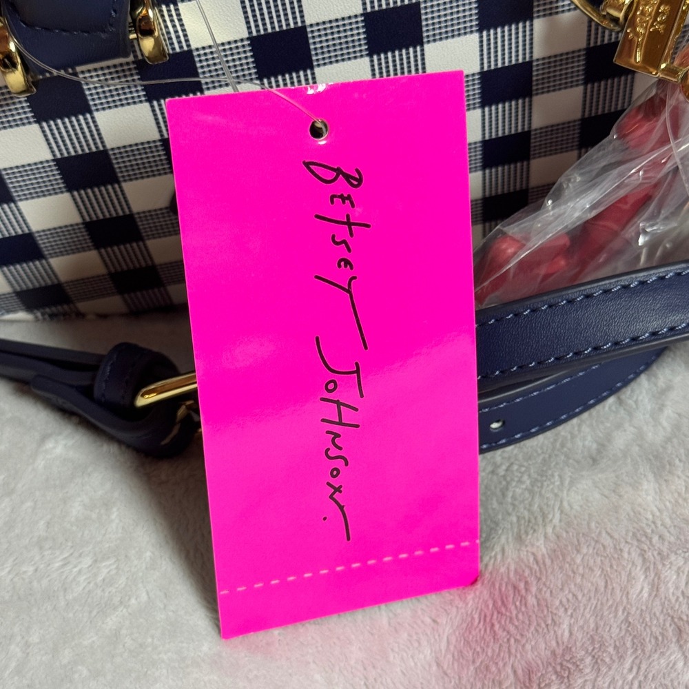 Betsey Johnson Crossbody Handbag Purse Fish Blue Gingham Nautical Beach Cruise - Picture 3 of 9